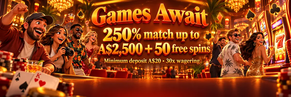 A stylish group of casino-goers gathers around glowing gaming tables and slot machines beneath chandeliers in an upscale lounge.